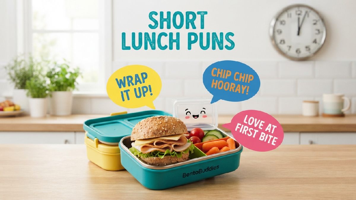 Mini lunchbox sandwich with clock in background and speech bubbles showing short and quick funny lunch puns for anytime.