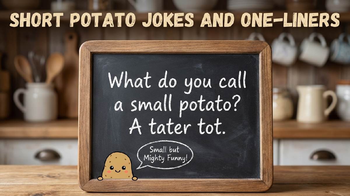 Small chalkboard with peeking cartoon potato showing a short potato joke and one liner example written in white chalk.