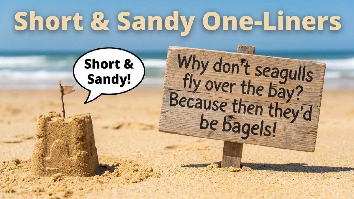 Wooden sign in sand beside tiny sandcastle showing a short and sandy one liner style beach joke example on display.