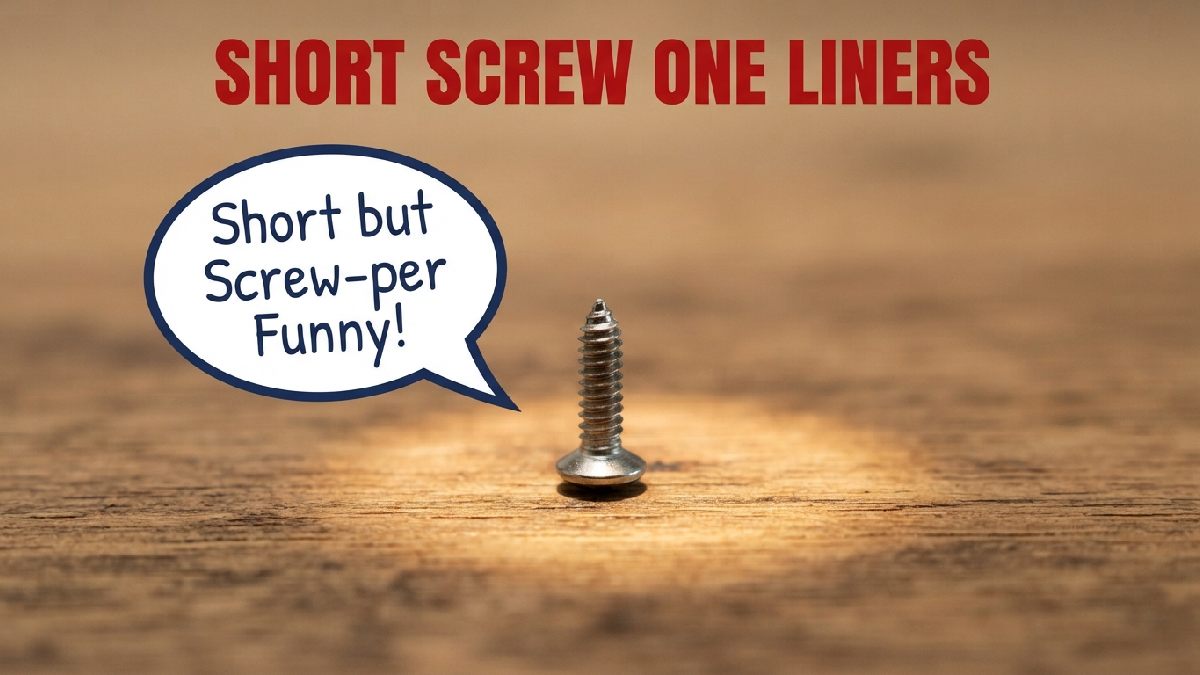 Single spotlighted screw standing on wooden table showing short punchy and funny screw one liner jokes and puns.