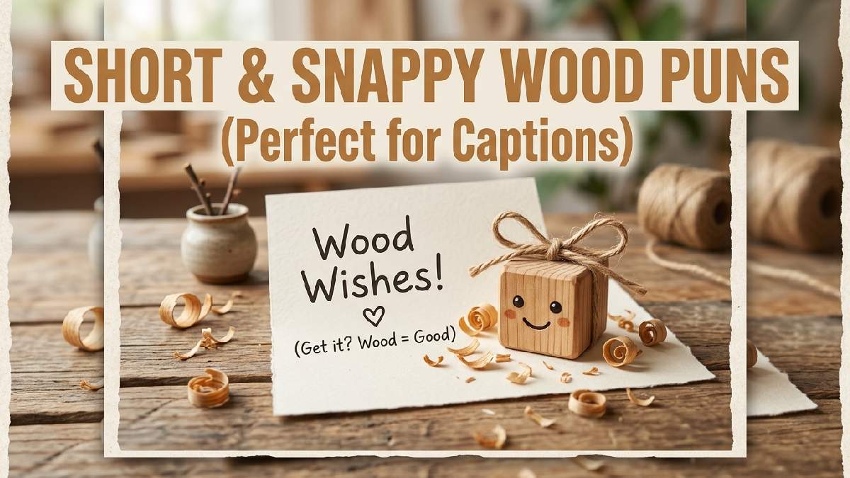 Small cartoon wooden block on notecard with shavings and bow showing short snappy wood puns perfect for captions.