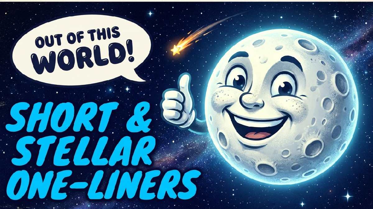 Cartoon full moon giving thumbs up with shooting star and speech bubble showing short and stellar moon one-liner jokes.