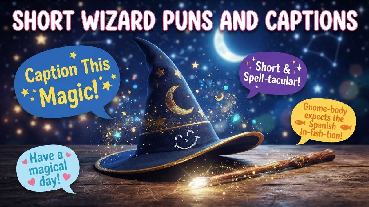 Smiling cartoon wizard hat with wand and sparkles showing speech bubbles with short wizard puns and social media captions.