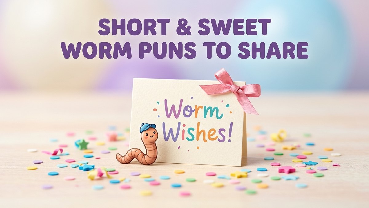 Small cartoon earthworm on a notecard with confetti and bow showing short and sweet worm puns to share with friends.