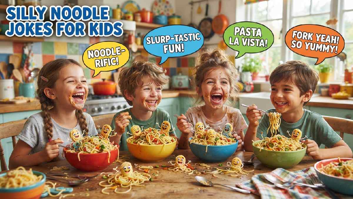 Giggling cartoon children around noodle bowls with smiley noodle characters showing speech bubbles with silly noodle jokes for kids.