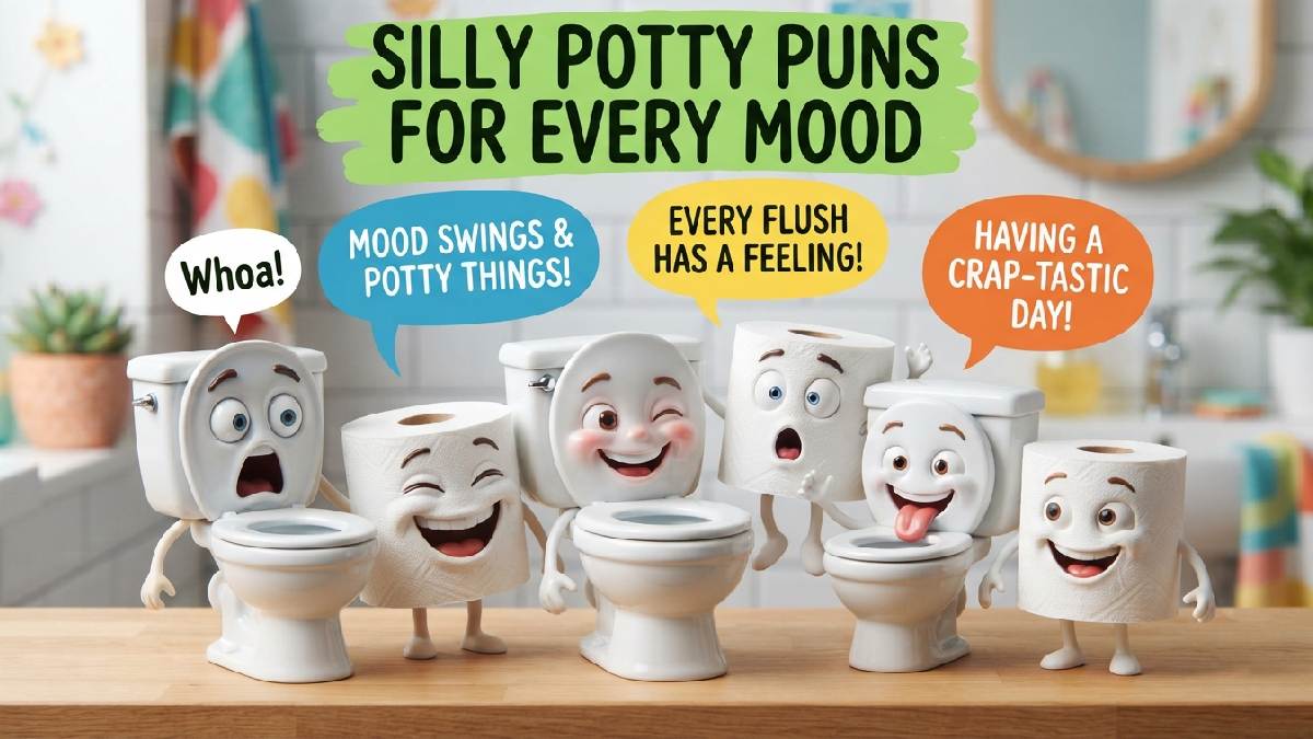 Cartoon toilet characters with different silly expressions showing potty puns for every mood from happy to laughing.