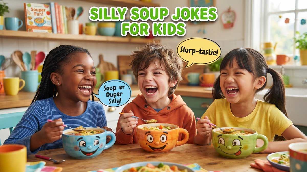 Giggling cartoon children with funny face soup bowls surrounded by speech bubbles showing silly soup jokes made just for kids.