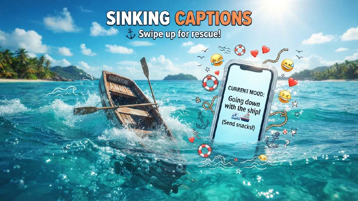 Small sinking boat surrounded by waves and playful social media elements, representing funny sinking captions perfect for sharing with friends online.