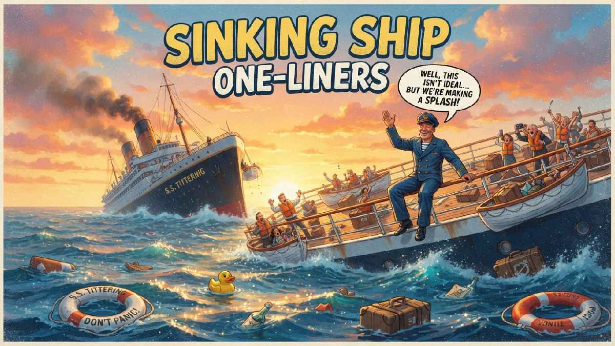 Large sinking ship surrounded by waves, life rings, and playful speech bubbles, representing witty sinking ship one-liners filled with nautical humor.