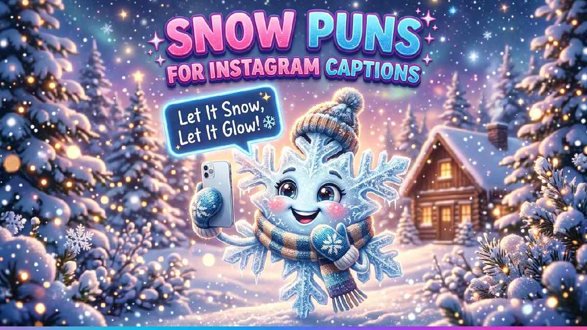 Cartoon snowflake posing for selfie with phone bubble caption showing catchy snow puns for Instagram captions and posts.