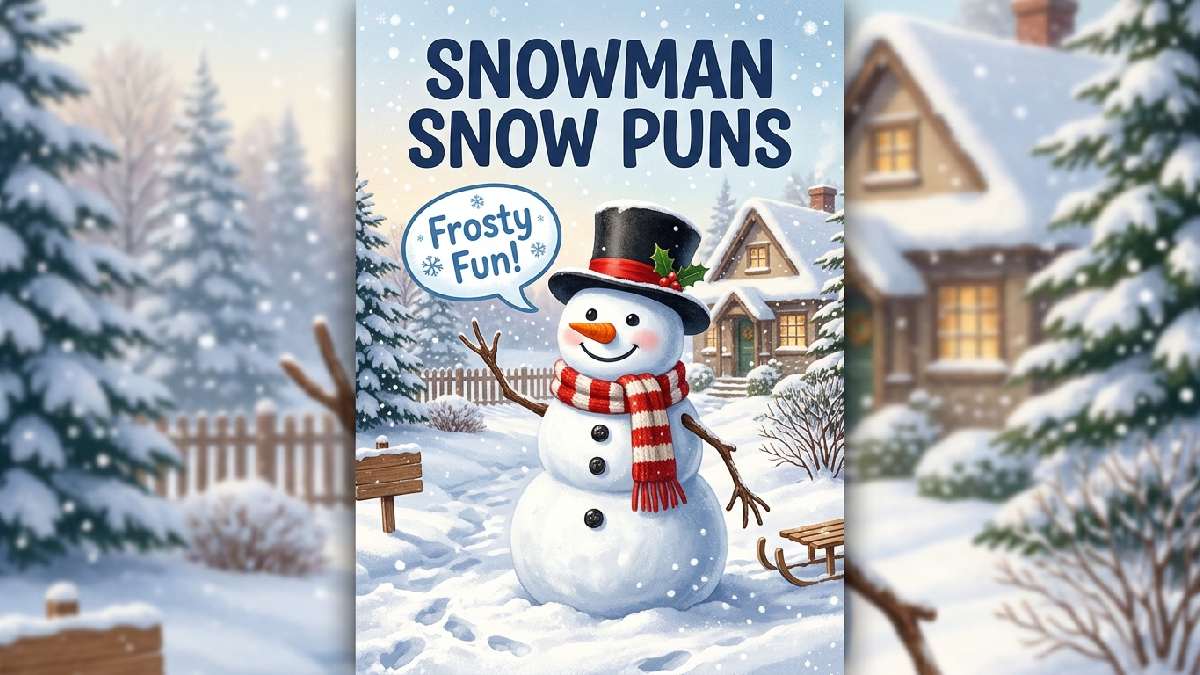 Waving cartoon snowman with carrot nose and top hat showing speech bubble with fun snowman-themed snow puns collection.