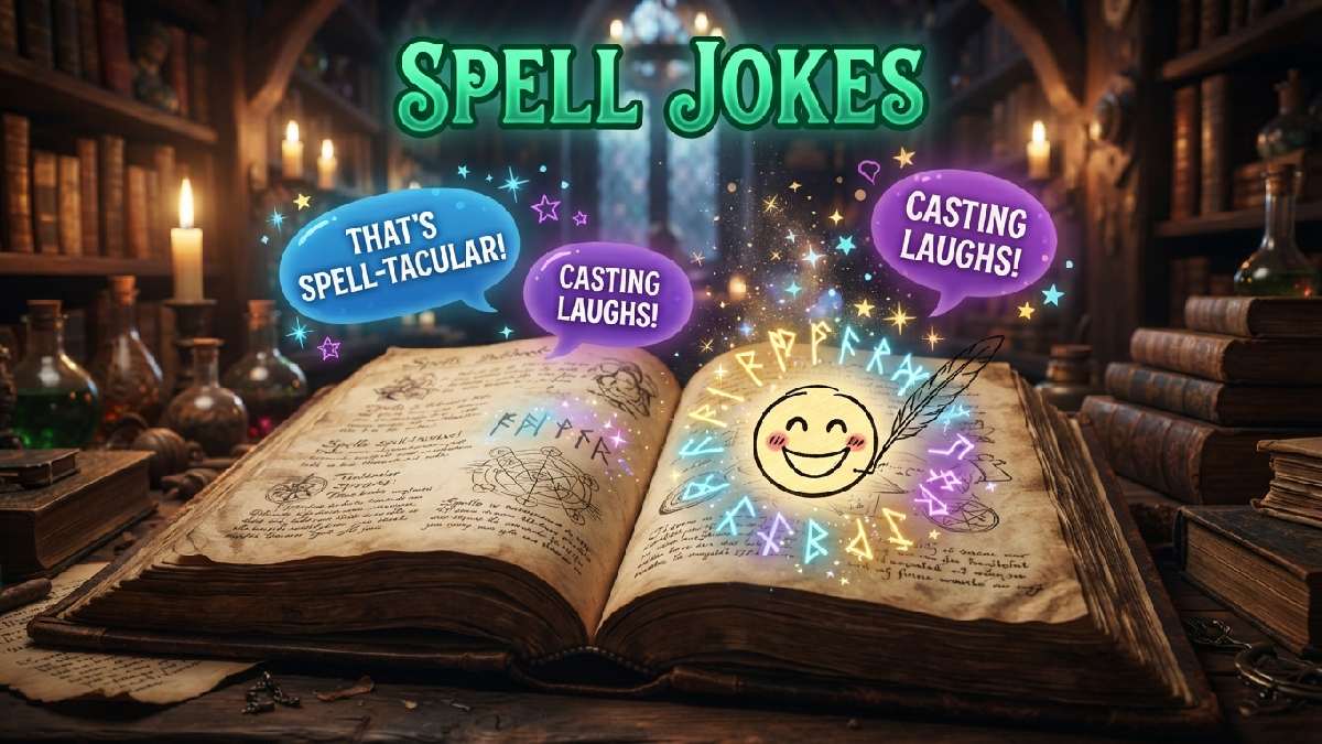 Open glowing spellbook with smiley face and floating sparkles showing speech bubbles with clever magical spell jokes and puns.