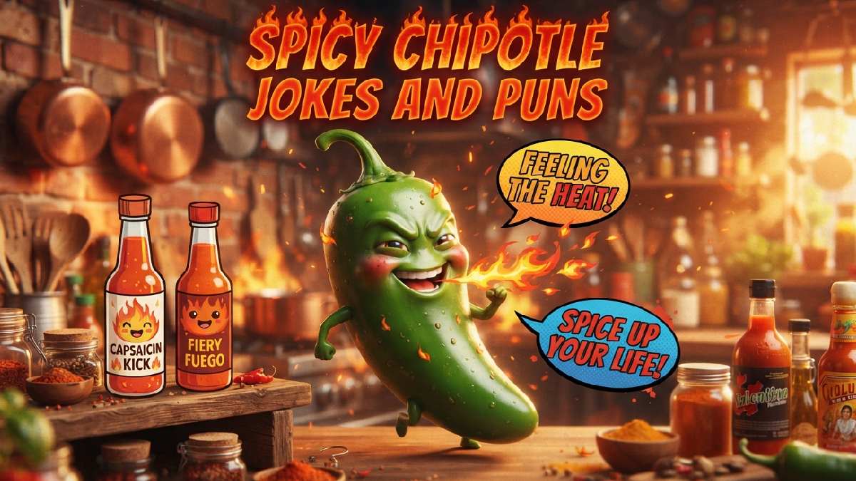 Grinning cartoon jalapeño breathing flames beside smiling hot sauce bottles with speech bubbles showing spicy chipotle jokes and puns.