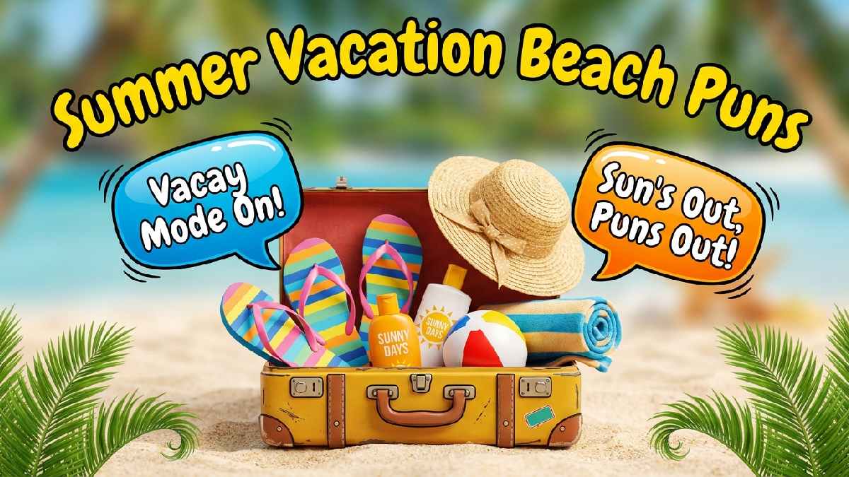 Overflowing cartoon suitcase with beach essentials and palm leaves showing fun summer vacation themed beach puns for travelers.