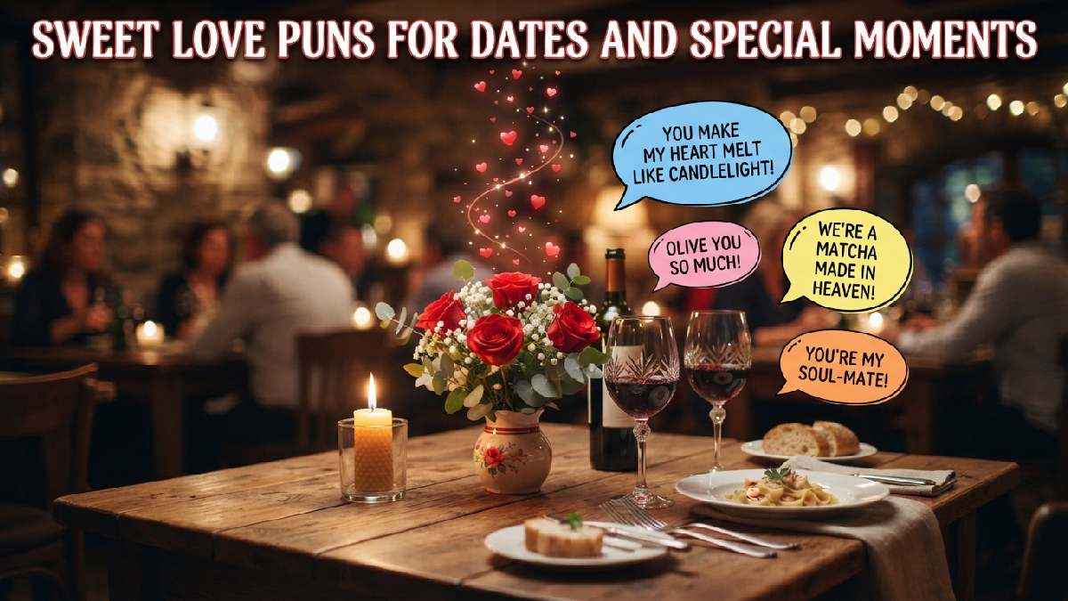 Romantic candlelit dinner table with roses and wine glasses surrounded by speech bubbles showing sweet love puns for special dates.