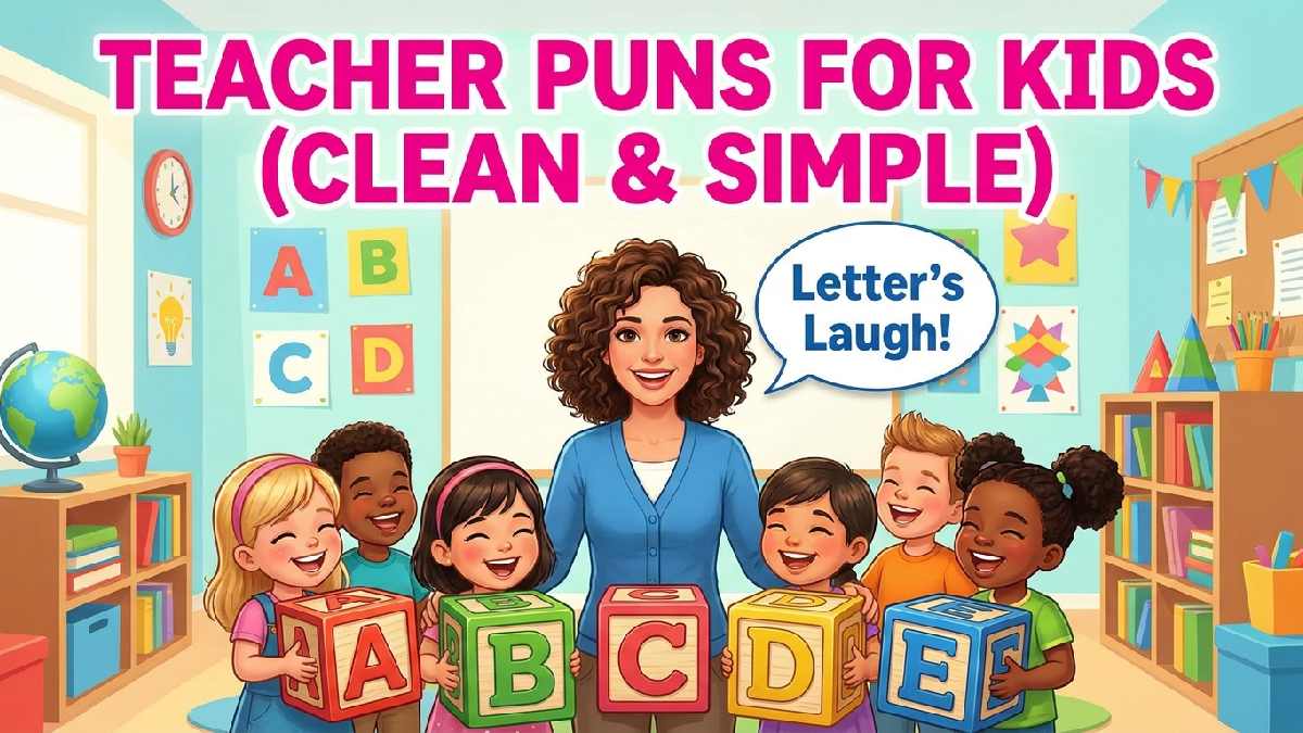 Cartoon teacher with young students and alphabet blocks showing clean and simple teacher puns designed just for kids.