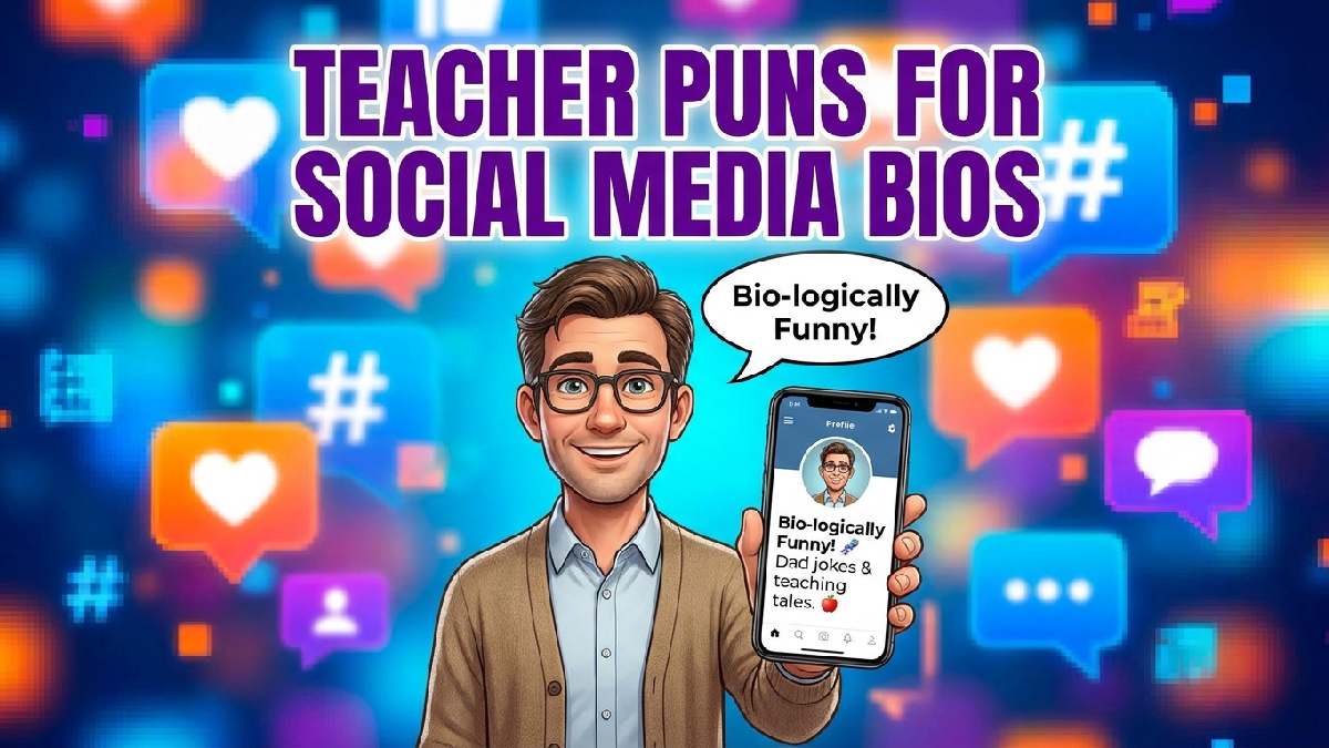 Cartoon teacher holding smartphone with bio caption and speech bubble showing teacher puns perfect for social media bios.
