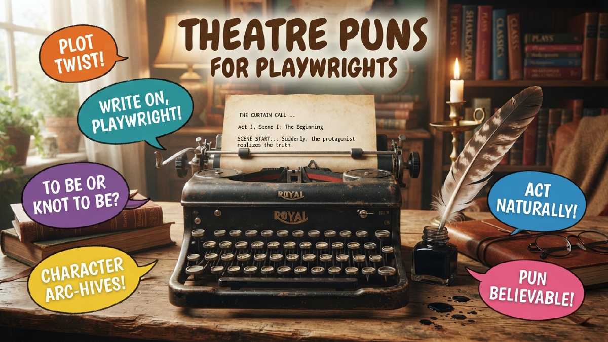 Vintage typewriter with script page and quill pen surrounded by speech bubbles showing clever theatre puns made for playwrights.