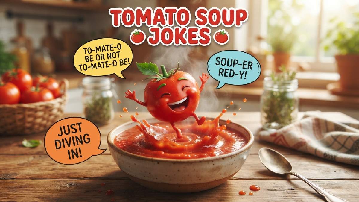 Cartoon tomato character diving into red soup bowl with splashes and speech bubbles showing funny tomato soup themed jokes.