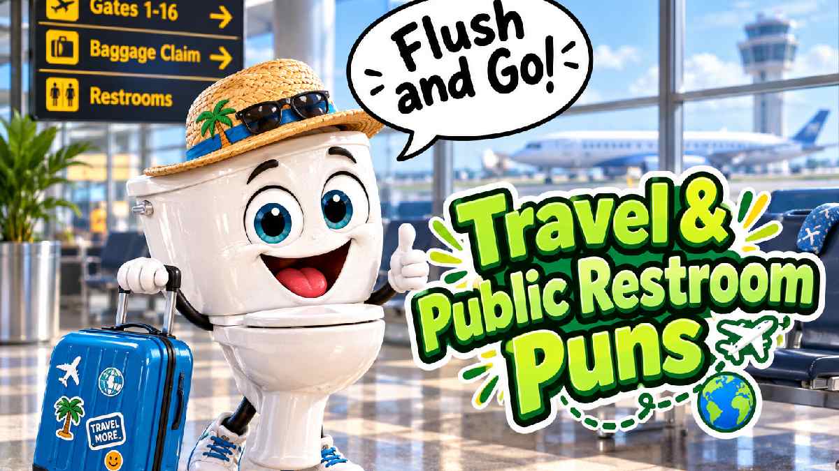 Cartoon toilet with sun hat and suitcase near airport sign showing travel and public restroom themed toilet puns.