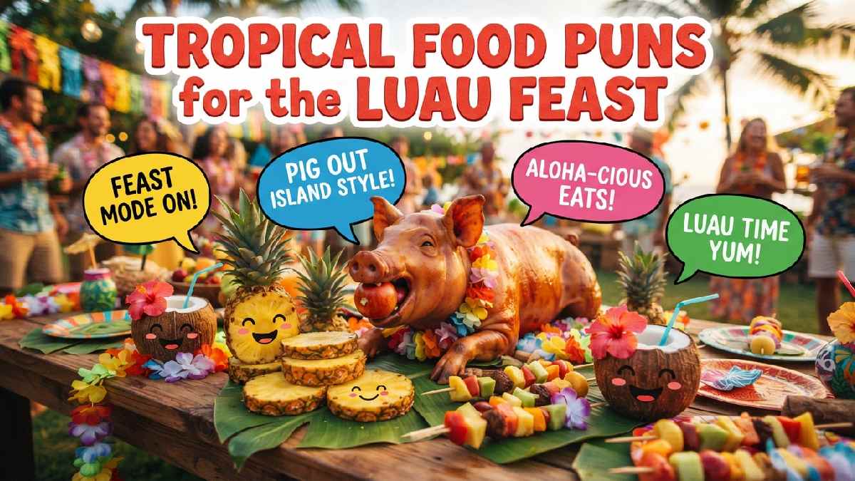 Table of smiling cartoon tropical foods like pineapple and coconut drinks with speech bubbles showing luau feast food puns.