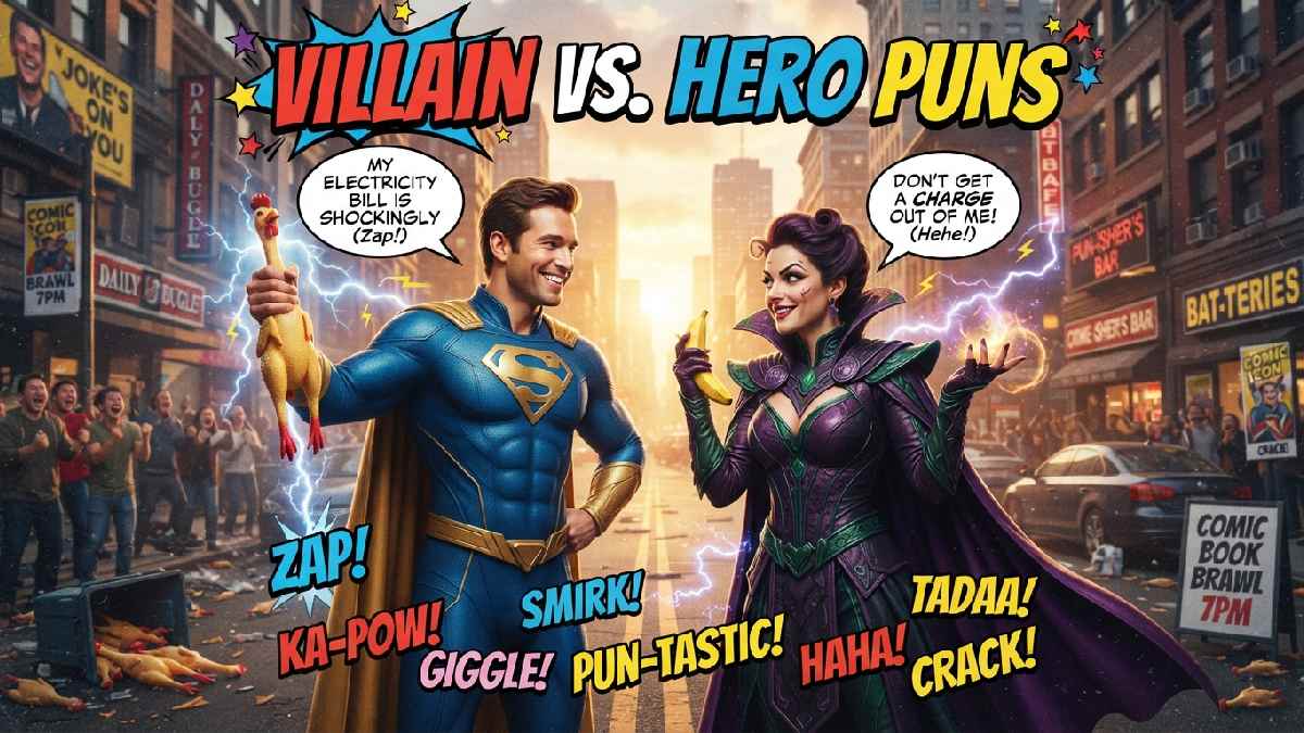 Funny villain and hero facing each other with playful speech bubbles and comic effects, representing witty jokes about their hilarious rivalry.