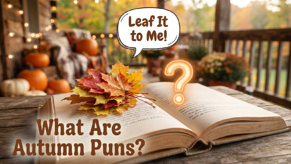 Autumn leaves resting on open book with glowing question mark and speech bubble explaining what autumn puns are about.