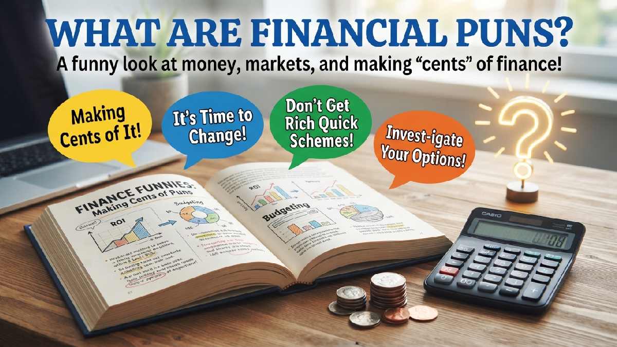 Open finance book with calculator and coins beside a speech bubble explaining what financial puns are in a fun way.