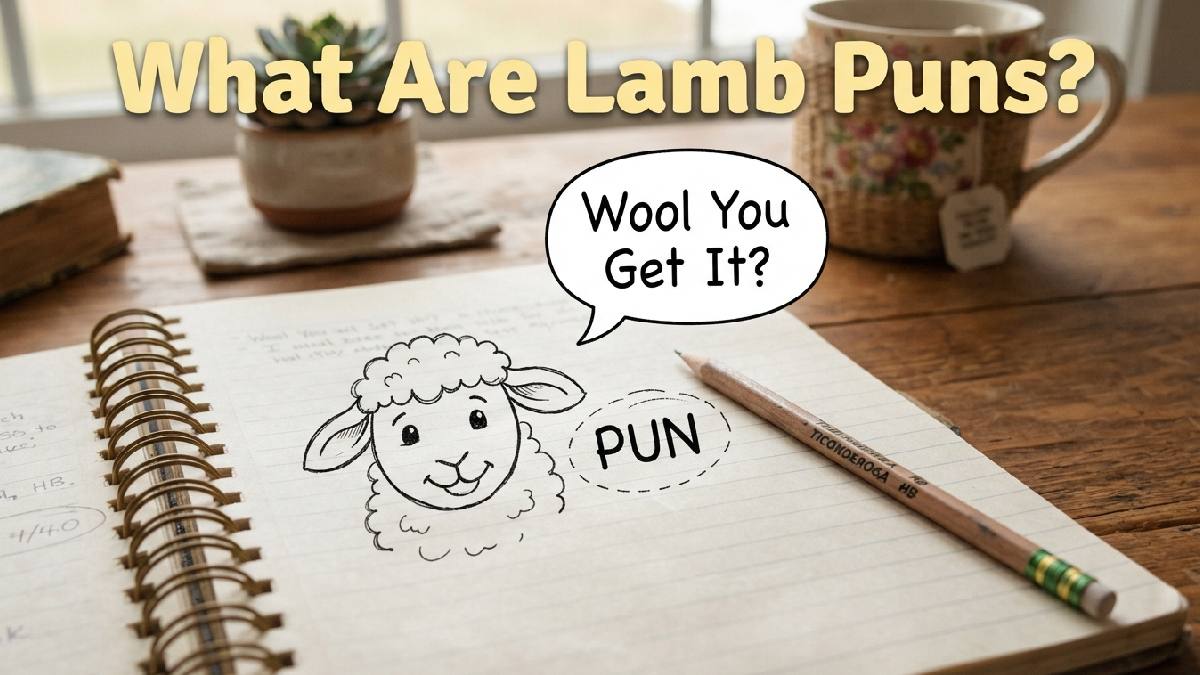 Notebook with doodled lamb face and pencil showing a speech bubble explaining what lamb puns are with a playful example.