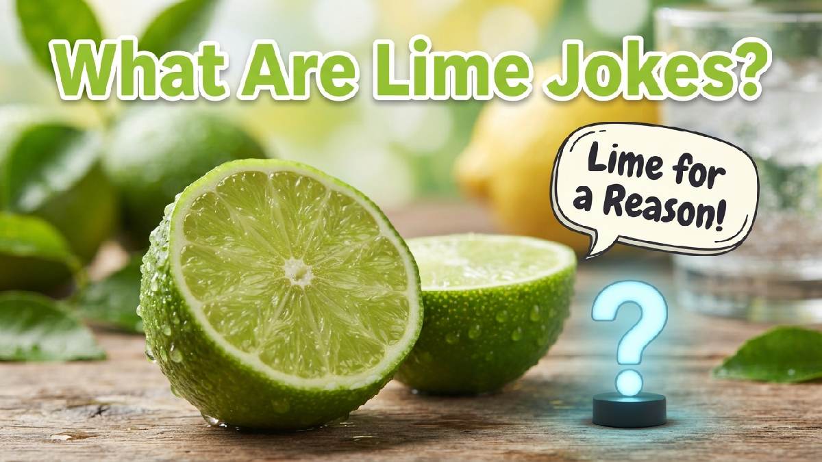 Fresh lime cut in half with glowing question mark and speech bubble explaining what lime jokes are in a fun way.