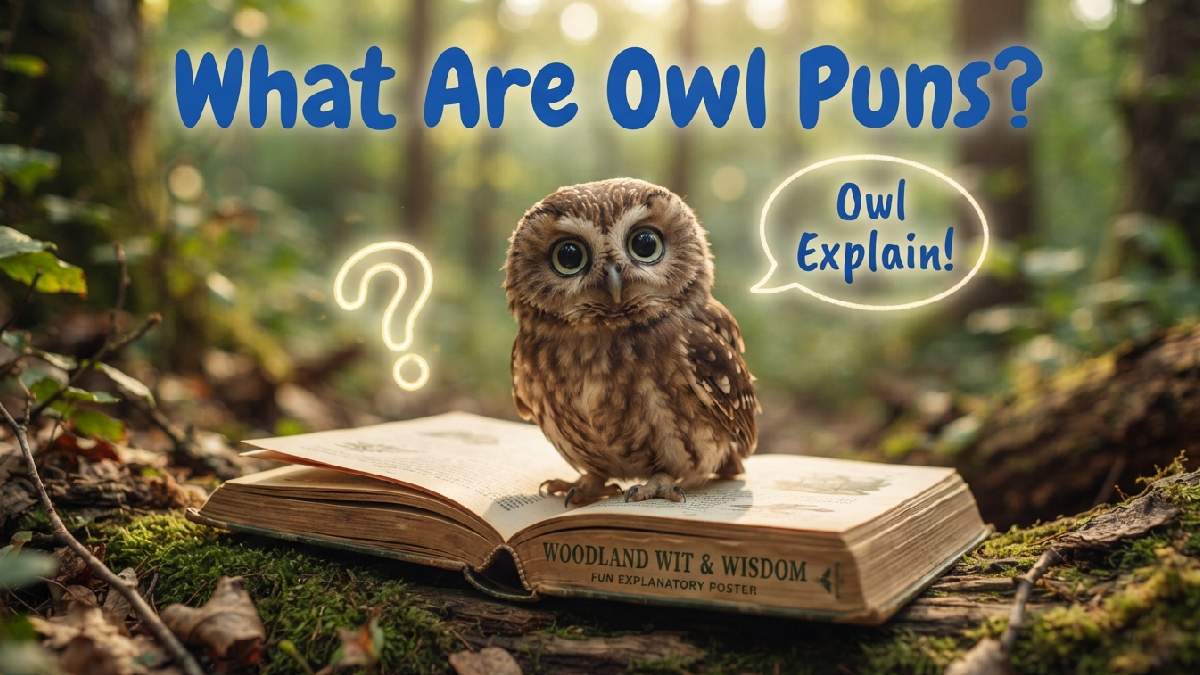 Small cartoon owl sitting on open book with speech bubble explaining what owl puns are in a fun playful way.