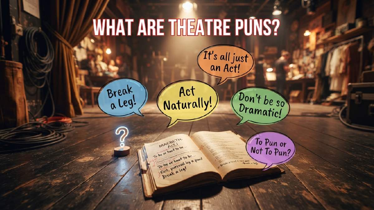 Open script book under spotlight on stage floor with speech bubble explaining what theatre puns are in a fun way.