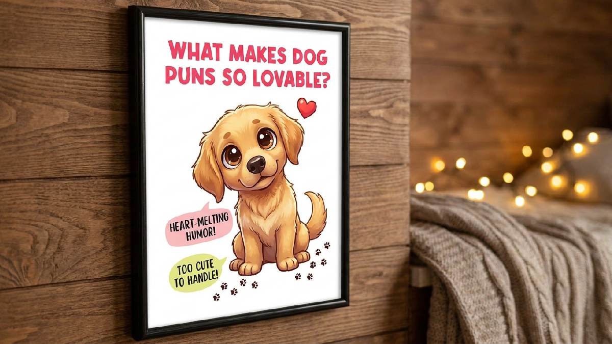Adorable cartoon dog tilting head with floating heart showing what makes dog puns so lovable and universally charming.