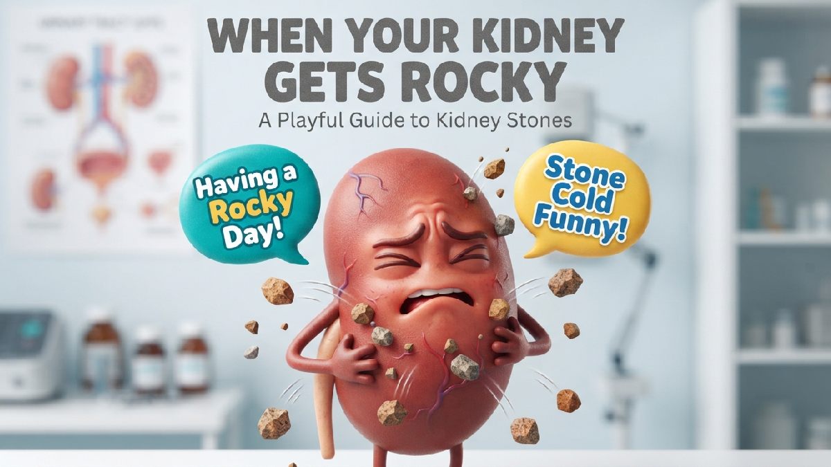 Cartoon kidney character wincing with tiny stones bouncing around and speech bubbles showing puns about kidney stones getting rocky.