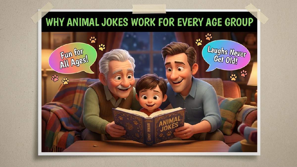 Family of different ages laughing over animal joke book showing why animal jokes work well for every age group.