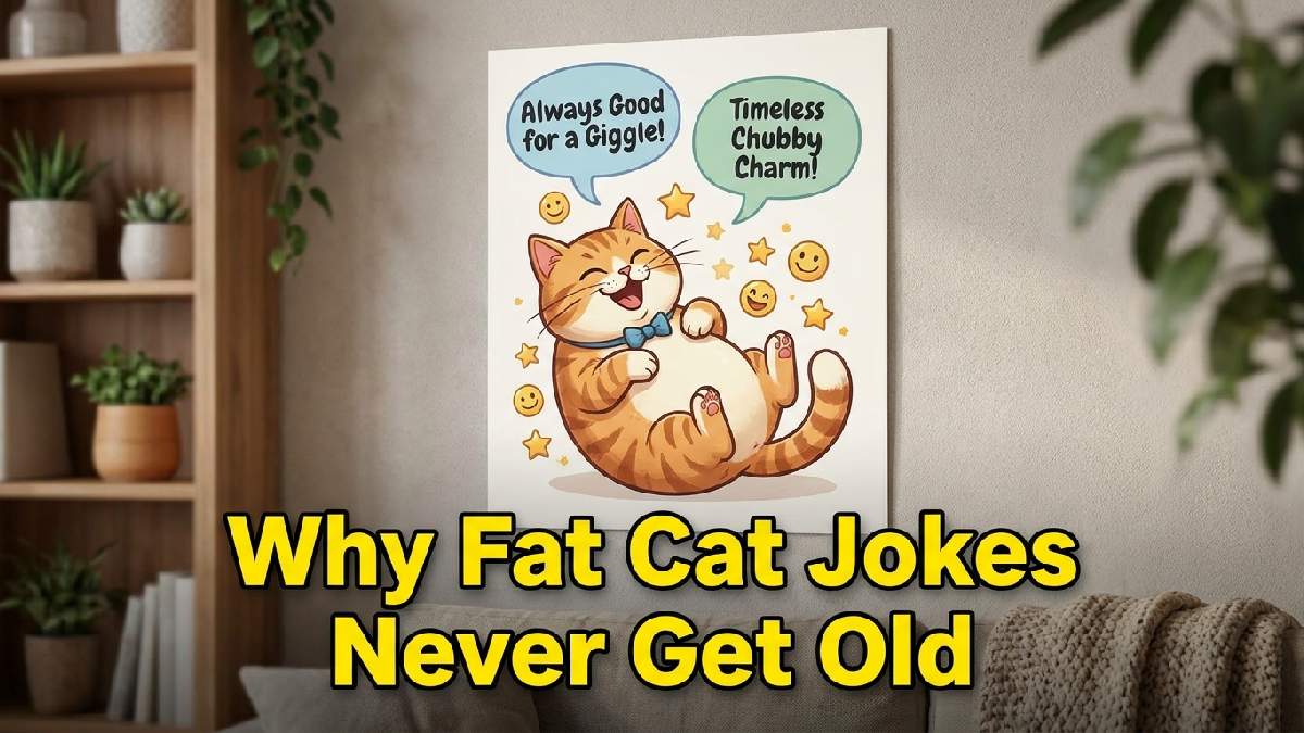 Round cartoon cat rolling playfully with laughter icons showing why fat cat jokes never get old and stay funny.