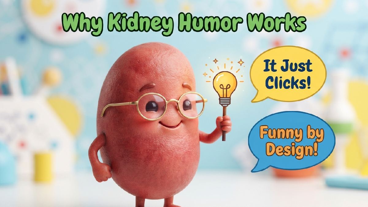 Cartoon kidney character with glasses holding lightbulb idea sign and speech bubbles explaining why kidney humor works so well.