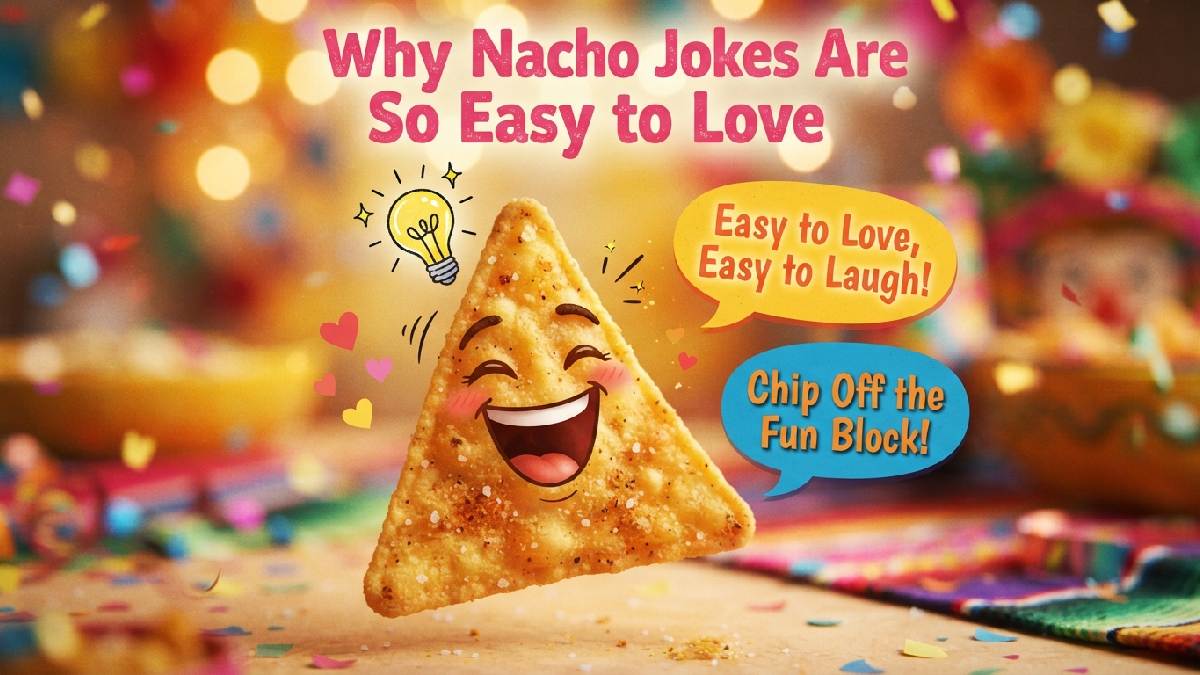 Laughing cartoon nacho chip with lightbulb idea and floating hearts showing why nacho jokes are so easy to love.
