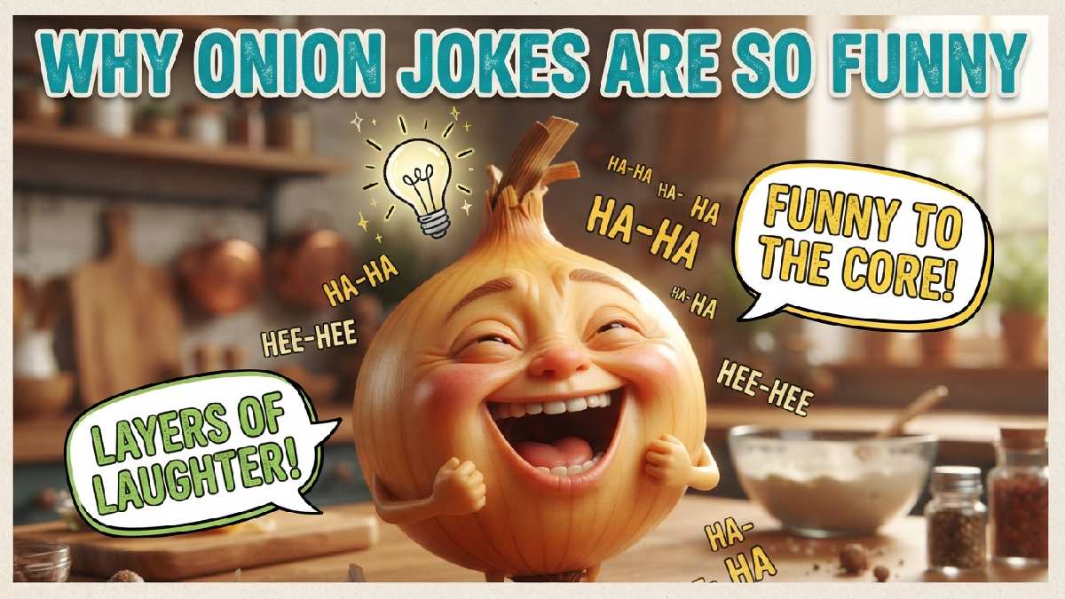 Laughing cartoon onion character with lightbulb idea and speech bubbles explaining why onion jokes are so tearfully funny.