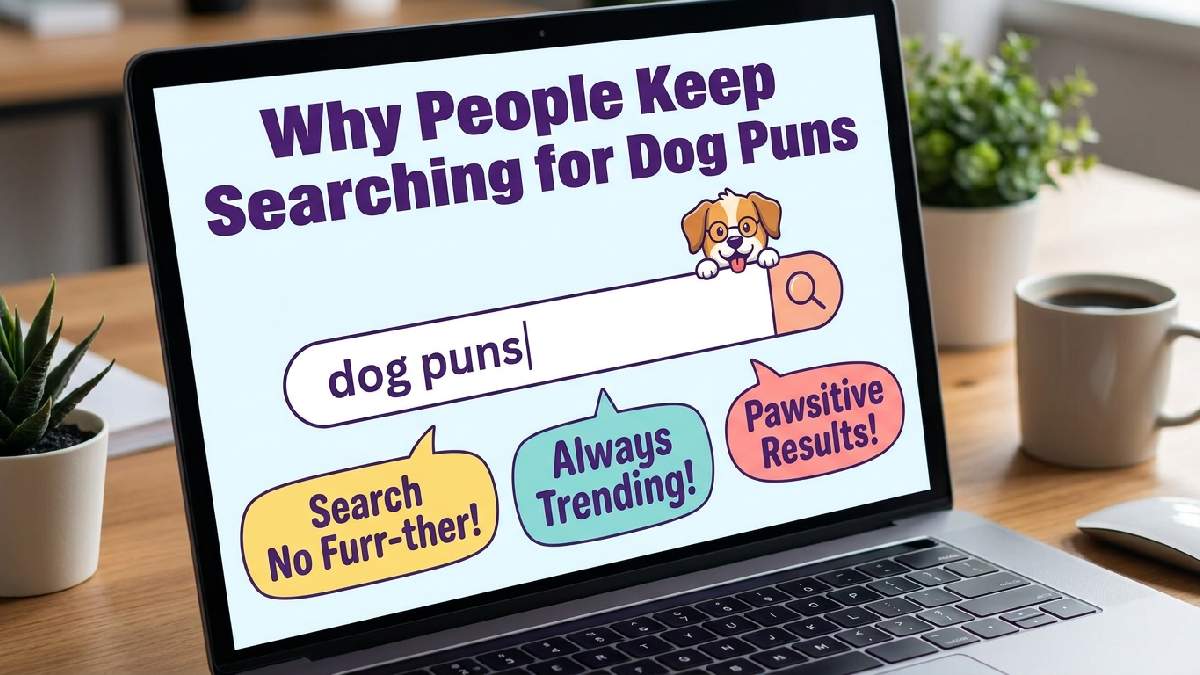 Cartoon laptop with dog puns search bar and peeking dog showing why people keep searching for dog puns online constantly.