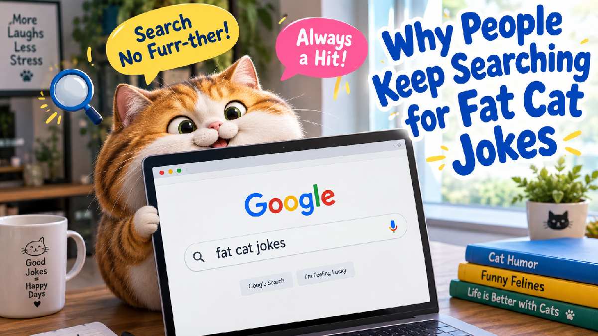 Cartoon laptop with fat cat jokes search bar and peeking chubby cat showing why people keep searching for these jokes.