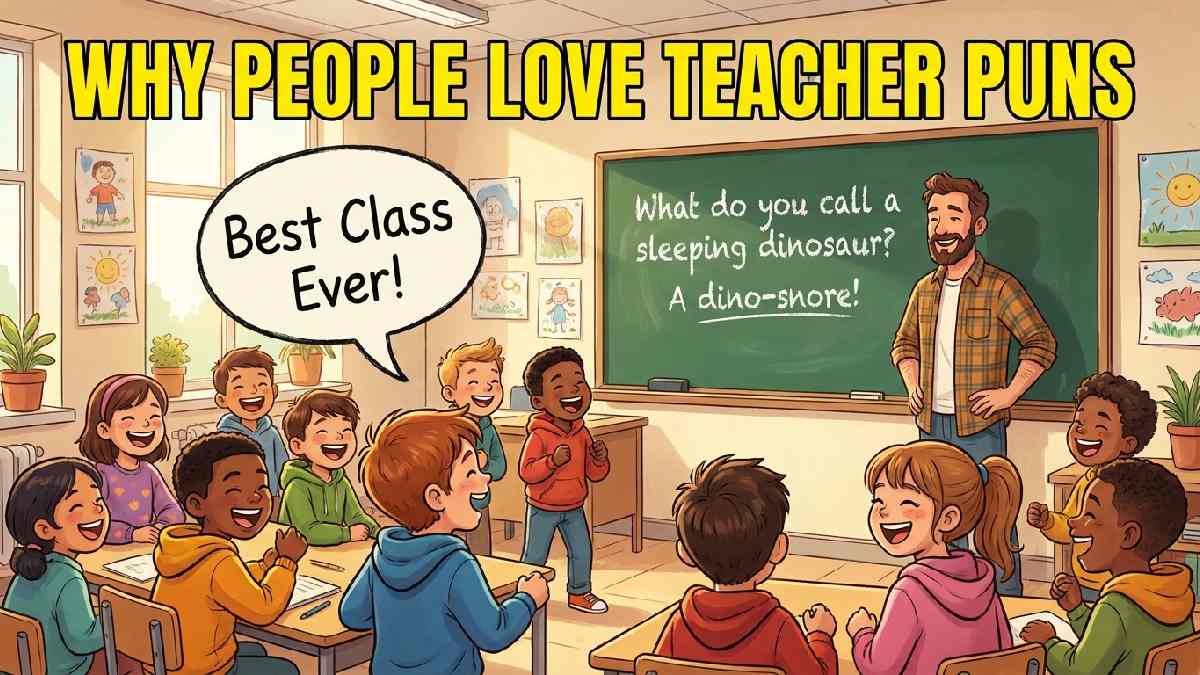 Laughing classroom of students with chalkboard joke and speech bubble showing why people love teacher puns so much.