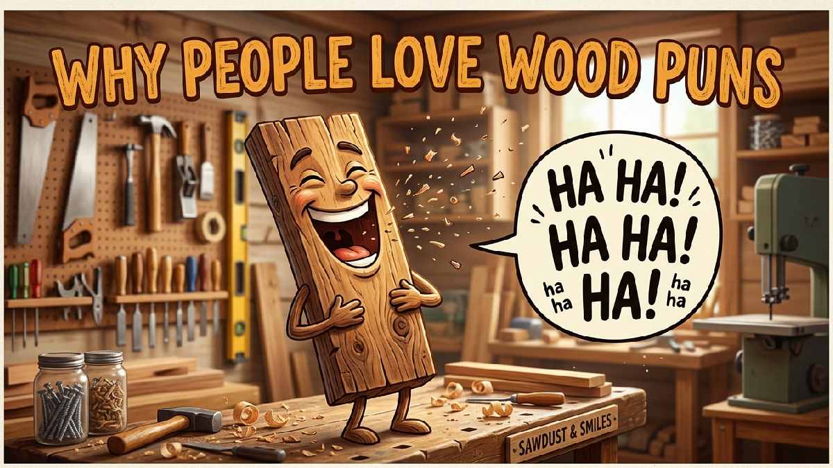 Laughing cartoon wooden plank character with sawdust and speech bubble showing why people love wood puns so much.