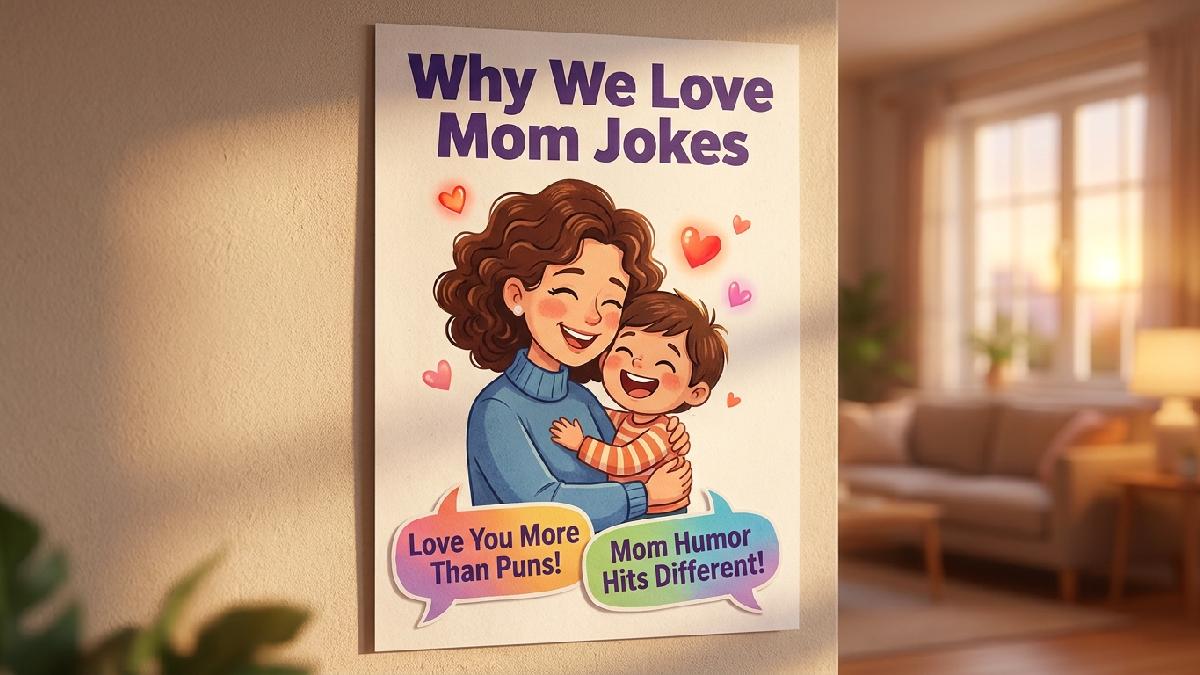 Cartoon mom hugging laughing child with floating hearts surrounded by speech bubbles showing why everyone loves classic mom jokes.