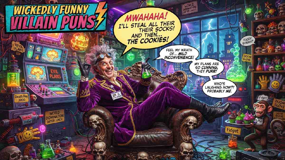 Theatrical supervillain laughing among silly gadgets and comic props, representing wickedly funny villain puns packed with playful humor and mischief.