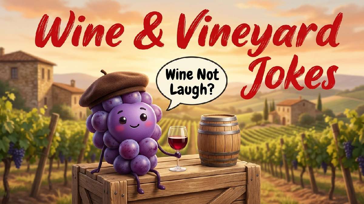 Cartoon grape bunch in beret beside wine glass and barrel showing wine and vineyard themed grape jokes collection.
