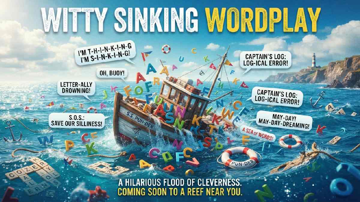 Sinking boat surrounded by floating letters, word bubbles, and nautical symbols, representing clever sinking wordplay and creative ocean-themed humor.