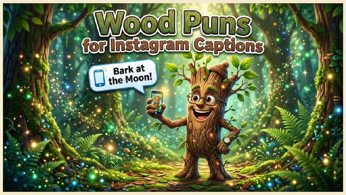 Cartoon tree branch posing for selfie with phone bubble caption showing catchy wood puns for Instagram captions and posts.