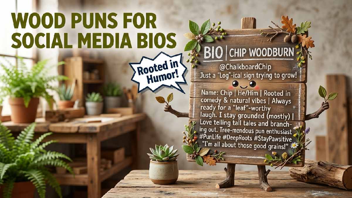 Cartoon tree branch posing for selfie with phone bubble caption showing catchy wood puns for Instagram captions and posts.
