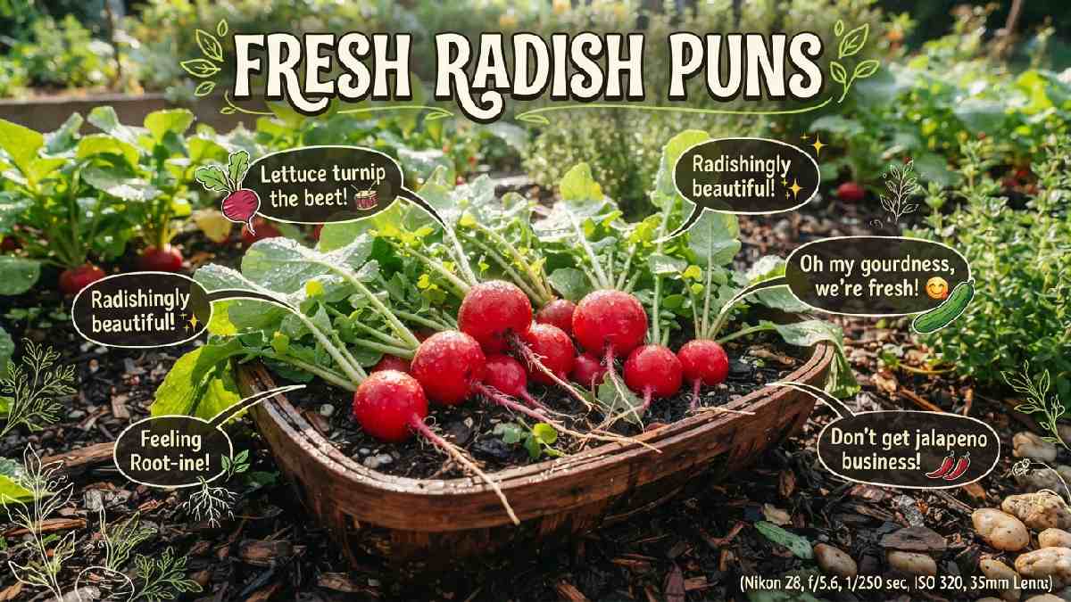Fresh radishes with crisp green leaves arranged in a garden basket, representing cheerful fresh radish puns and playful vegetable wordplay.